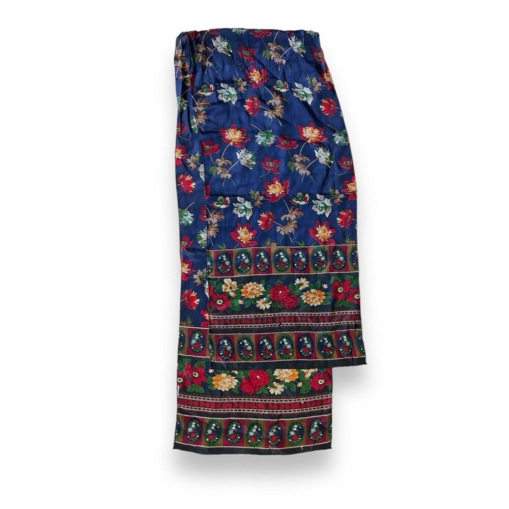 Vintage Blue & Red Wine Rectangular Scarf 11” X 29” Unisex Neck Floral Scarve